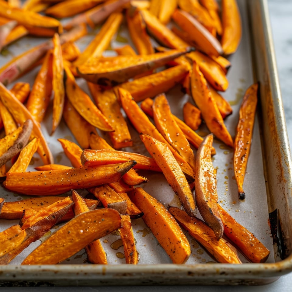 Sweet potato fries, seasoned with salt and pepper, baking on a parchment-lined sheet pan.
